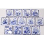 Group of thirteen Victorian blue and white Minton tiles, printed with scenes in the style of Watteau