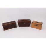 Regency sarcophagus form tea caddy, a pine tea caddy and a Victorian pierced glove box