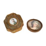 19th century French gilt metal box, with inset watercolour portrait on ivory of Napoleon, 9cm wide,