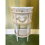 Antique French painted and gilt marble topped demi-lune side table, with frieze drawer and cupboard