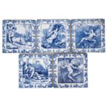 Set of five Victorian Wedgwood of Etruria tiles, printed in blue with characters from A Midsummer Ni