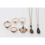 Group of jewellery to include an Art Nouveau sapphire and enamel brooch, four gold dress rings and t