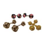 Pair of 9ct gold knot cufflinks, similar yellow metal pair and a pink and blue enamelled pair
