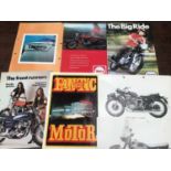 Lot motorcycle posters, brochures, model cars, and sundries