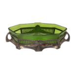 WMF Art Nouveau style electroplated twin-handled bowl, with green glass insert, 24cm wide