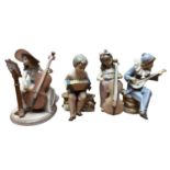 Lladro porcelain figure of a lady playing a cello, no.6332, together with three NAO figures all play