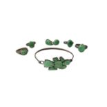 Chinese silver bangle mounted with seven green jade/ hard stone panels, together with four Chinese s