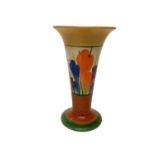 Clarice Cliff Bizarre range Crocus pattern vase with hand painted decoration, 15.5cm high
