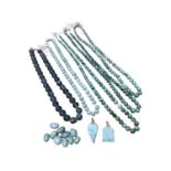 Five Chinese green hard stone/ jade spherical polished bead necklaces, together with some loose bead