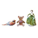 Royal Crown Derby Pheasant, Coalport figure of a lady, Swarovski Teddy Bear and a bronzed Regency Fi