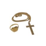 9ct gold cross pendant on 14ct gold chain and 9ct gold signet ring (2)