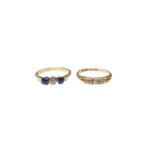 Sapphire and diamond three stone ring in platinum claw setting on 18ct gold shank together with an 1