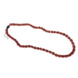 Old Chinese coral necklace with barrel shaped polished beads and oval silver gilt clasp with wire wo
