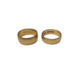 Two 22ct gold wide band wedding rings with geometric decoration