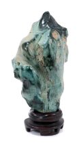 Chinese malachite scholar's rock on wooden stand
