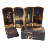 Japanese mixed metal four fold miniature screen, a similar box and cigarette case.