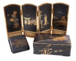 Japanese mixed metal four fold miniature screen, a similar box and cigarette case.