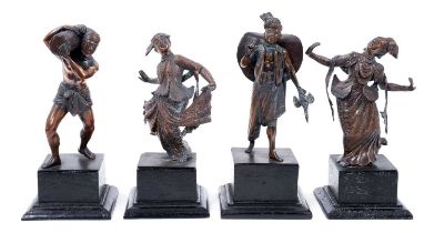 Four late 19th/early 20th century Burmese bronze figures of two dancers and two peasants, on wooden