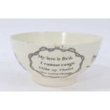 18th century cream ware bowl decorated with panels of verse and various scenes including a monkey sh