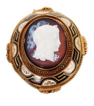 Victorian carved hardstone and enamel cameo brooch