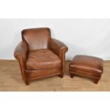 Leather upholstered club chair and footstool