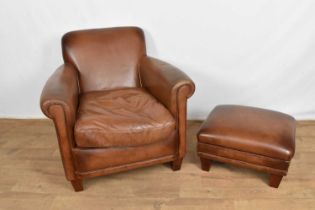 Leather upholstered club chair and footstool