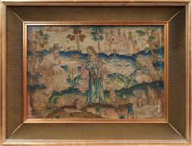 17th century fragmentary embroidery, depicting a biblical scene, in glazed frame