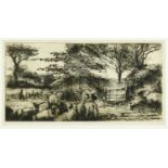 Harry Becker (1865-1928) signed etching - Sheep by gate in Landscape, 27cm x 52cm, in glazed frame