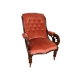 Early Victorian rosewood and button upholstered open armchair
