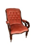 Early Victorian rosewood and button upholstered open armchair