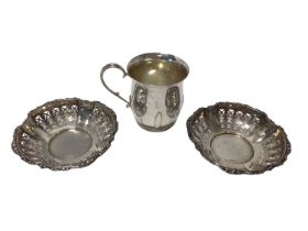 Silver mug and two silver bon bon dishes