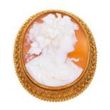 19th century Italian carved shell cameo brooch depicting a bacchanalian classical female bust