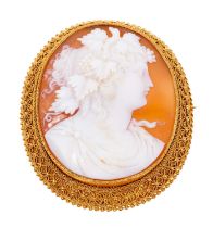 19th century Italian carved shell cameo brooch depicting a bacchanalian classical female bust