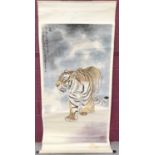 Chinese scroll painting, depicting a prowling tiger, image 173 x 92cm