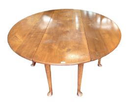 Georgian style cherrywood wakes table, elliptical drop leaf top on turned legs and pad feet, 198 x 1