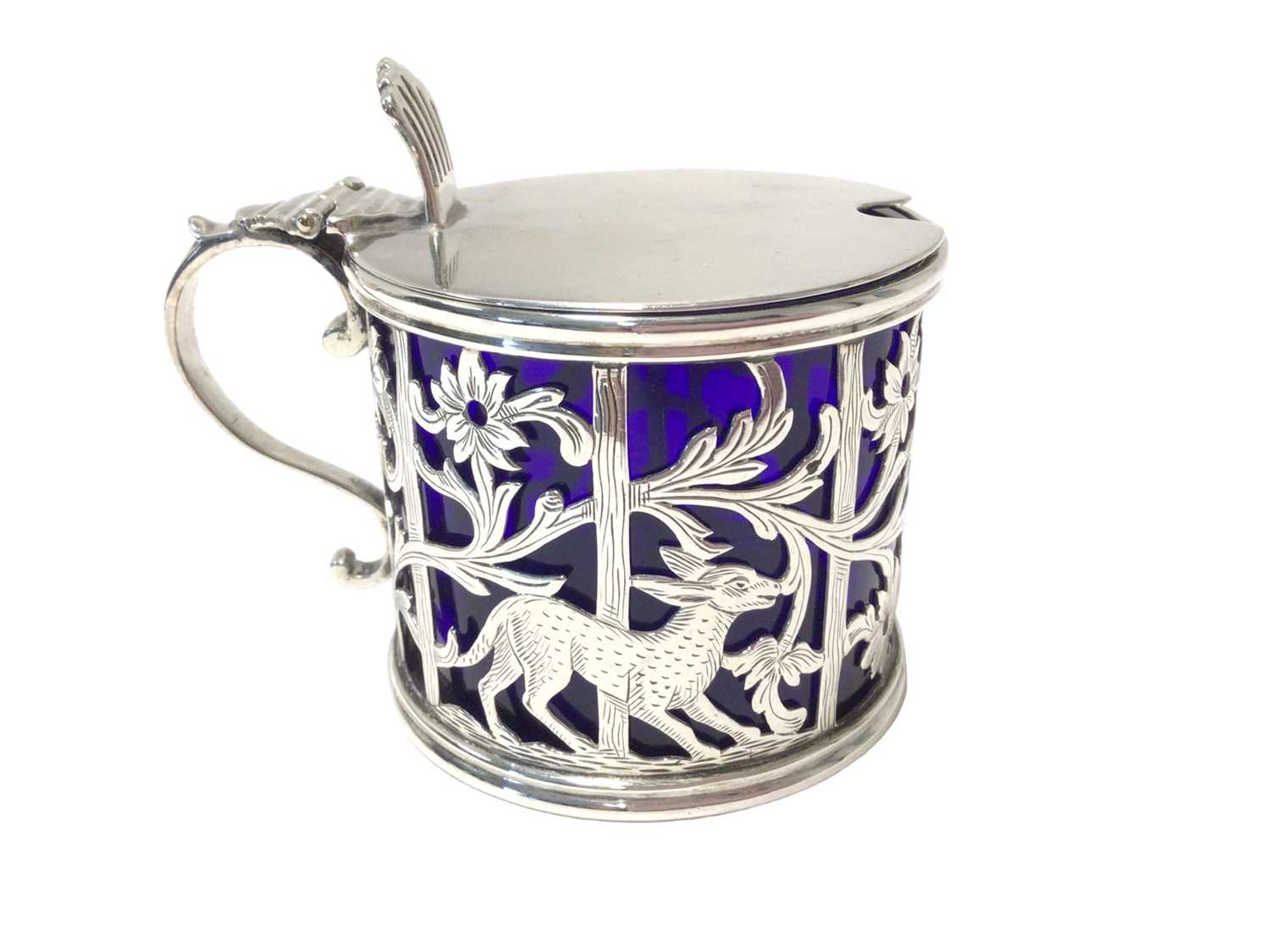 George III silver mustard pot with bird and animal decoration