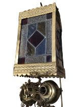 Antique stained glass and brass hall lantern with rise and fall pulley mechanism