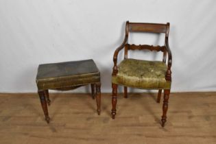 Regency elm open armchair with green leather upholstery, together with a leather upholstered stool.