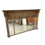 Regency style gilt gesso overmantel mirror, with ball applied cornice and classical frieze over thre