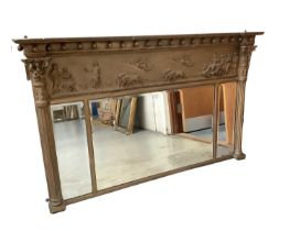 Regency style gilt gesso overmantel mirror, with ball applied cornice and classical frieze over thre