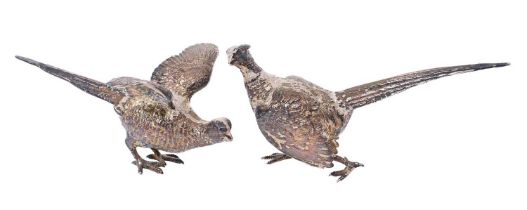 Pair of contemporary silver models of pheasants