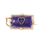 Edwardian gold enamel, diamond and pearl brooch with a central diamond set applied heart on a purple