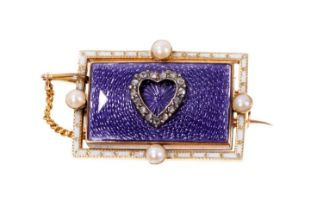 Edwardian gold enamel, diamond and pearl brooch with a central diamond set applied heart on a purple