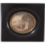 19th century Continental sandwork and watercolour Naval memorial miniature on ivory, ebonised frame