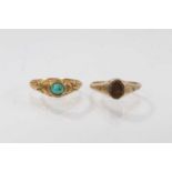 Two mid 19th century gold rings to include a turquoise cabochon ring in a chased gold setting, size
