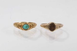 Two mid 19th century gold rings to include a turquoise cabochon ring in a chased gold setting, size