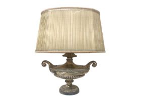 Silver plated urn-shaped table lamp base, with pleated shade