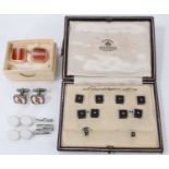 Set of Art Deco 9ct white gold and onyx cufflinks and dress studs set with single cut diamond to the