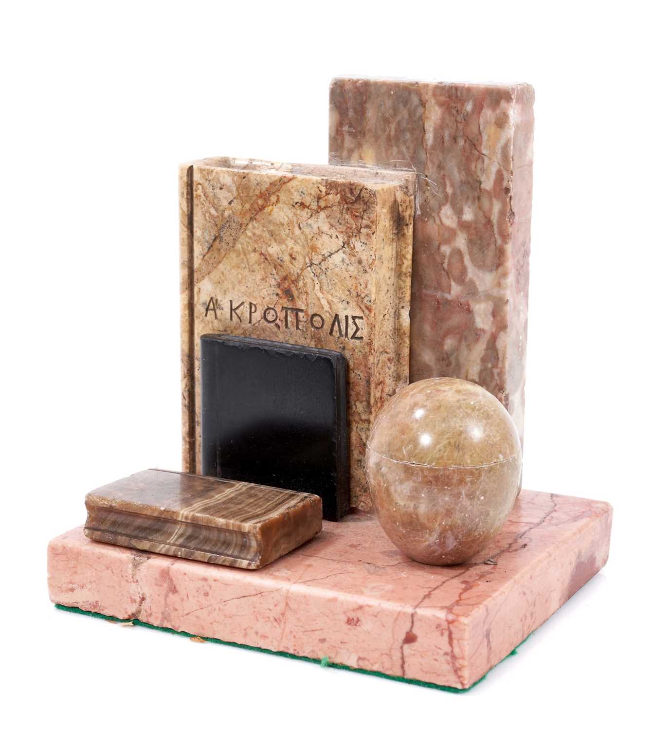 19th century Grand Tour specimen marble desk stand or paperweight, modelled as a pile of books, with