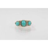Late Victorian turquoise and diamond ring with three turquoise cabochons and six old cut diamonds in
